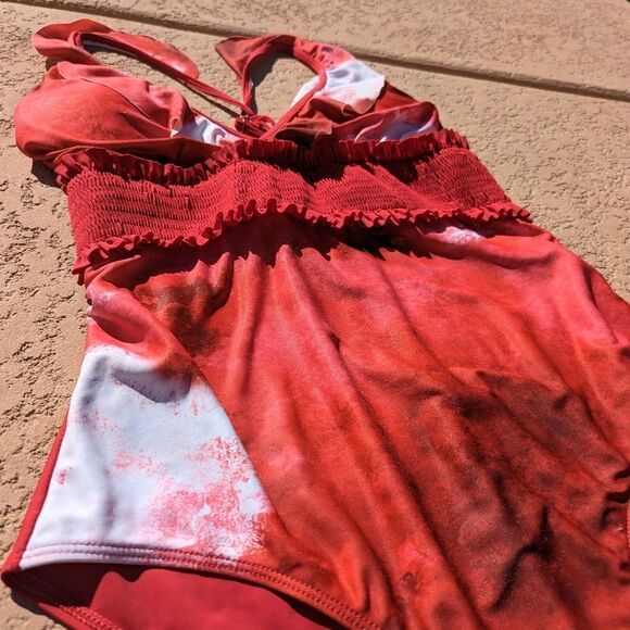 Women's marble red/white one-piece swimsuit - Picture 10 of 16